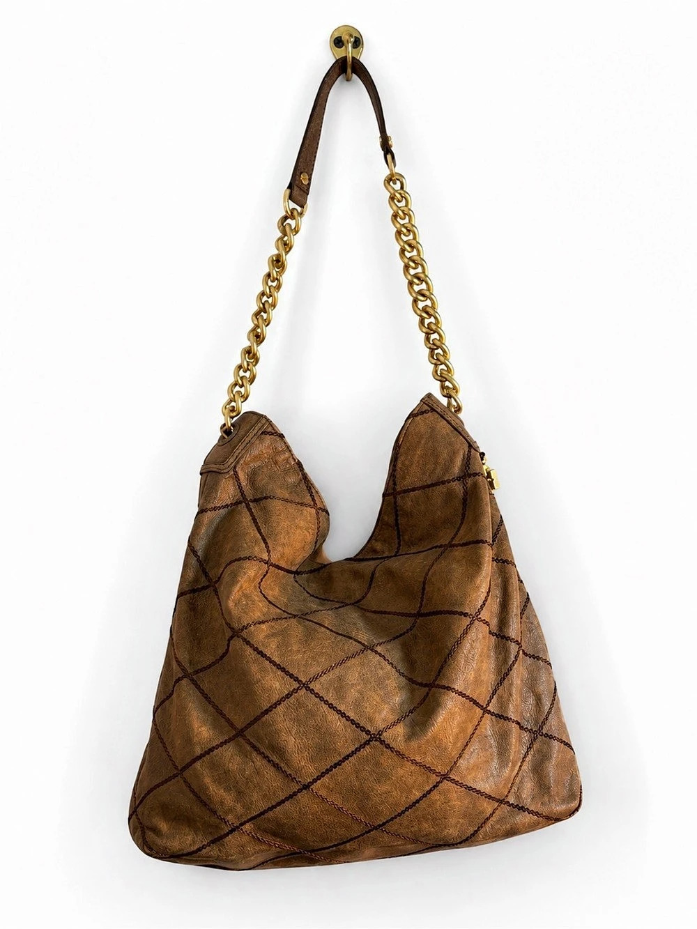 Tory Burch Kira Brown Leather Quilted Hobo Shoulder Bag Gold Chain